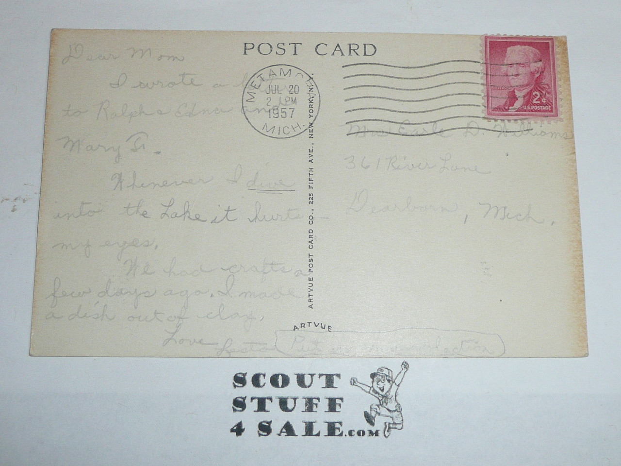 Girl Scout Post card, Camp Metamora, Living in a Tent is Fun, Metropitan Detroit Council, 1957