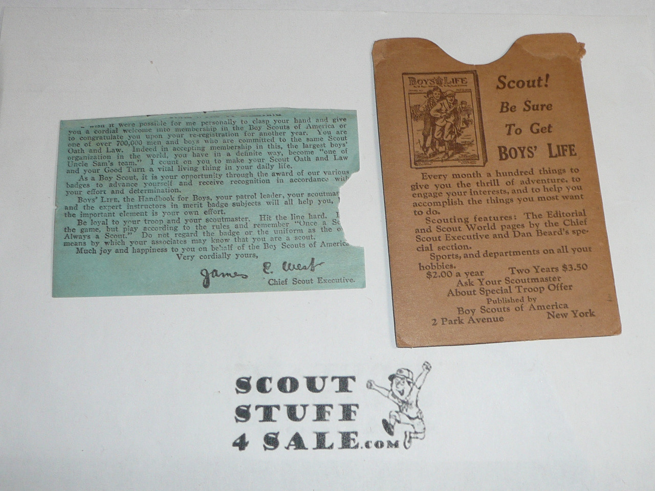 1929 Boy Scout Membership Card, 3-fold, 7 signatures, with envelope and West message, expires January 1929, BSMC14