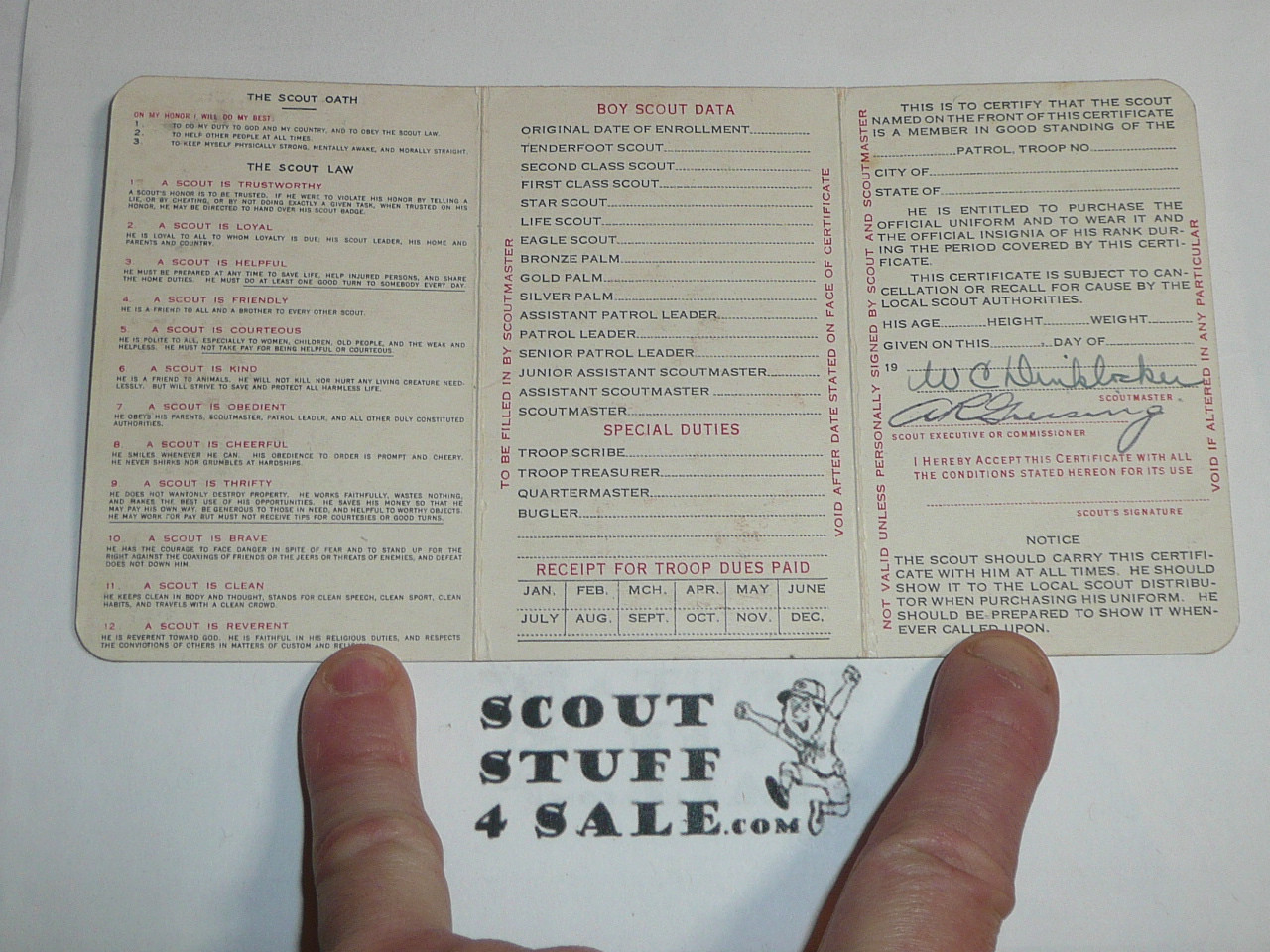 1935 Boy Scout Membership Card, 3-fold, 7 signatures, with envelope, expires January 1935, BSMC28