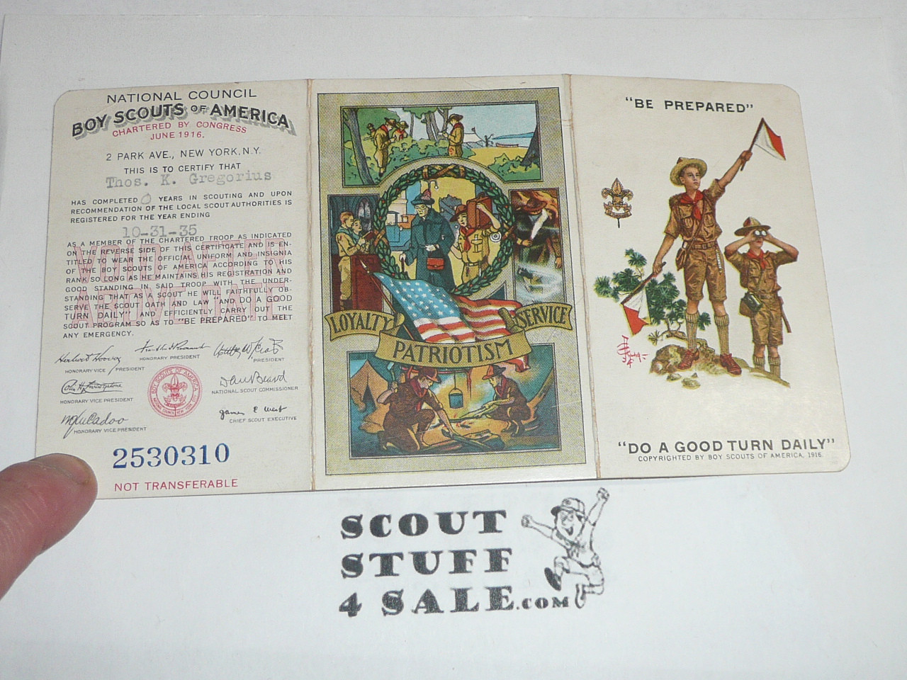 1935 Boy Scout Membership Card, 3-fold, 7 signatures, expires October 1935, BSMC30