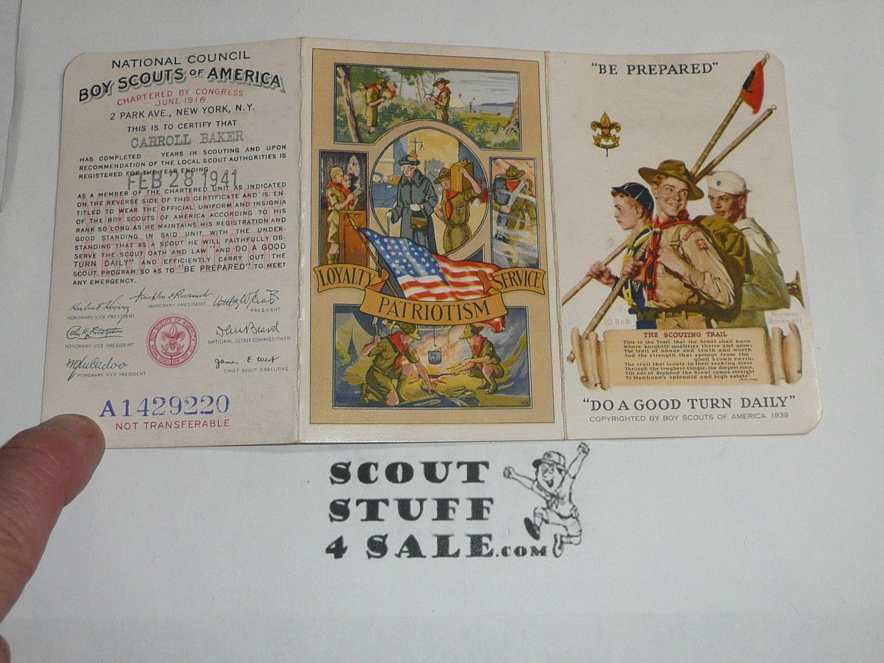 1941 Boy Scout Membership Card, 3-fold, 7 signatures, with envelope, expires February 1941, BSMC39