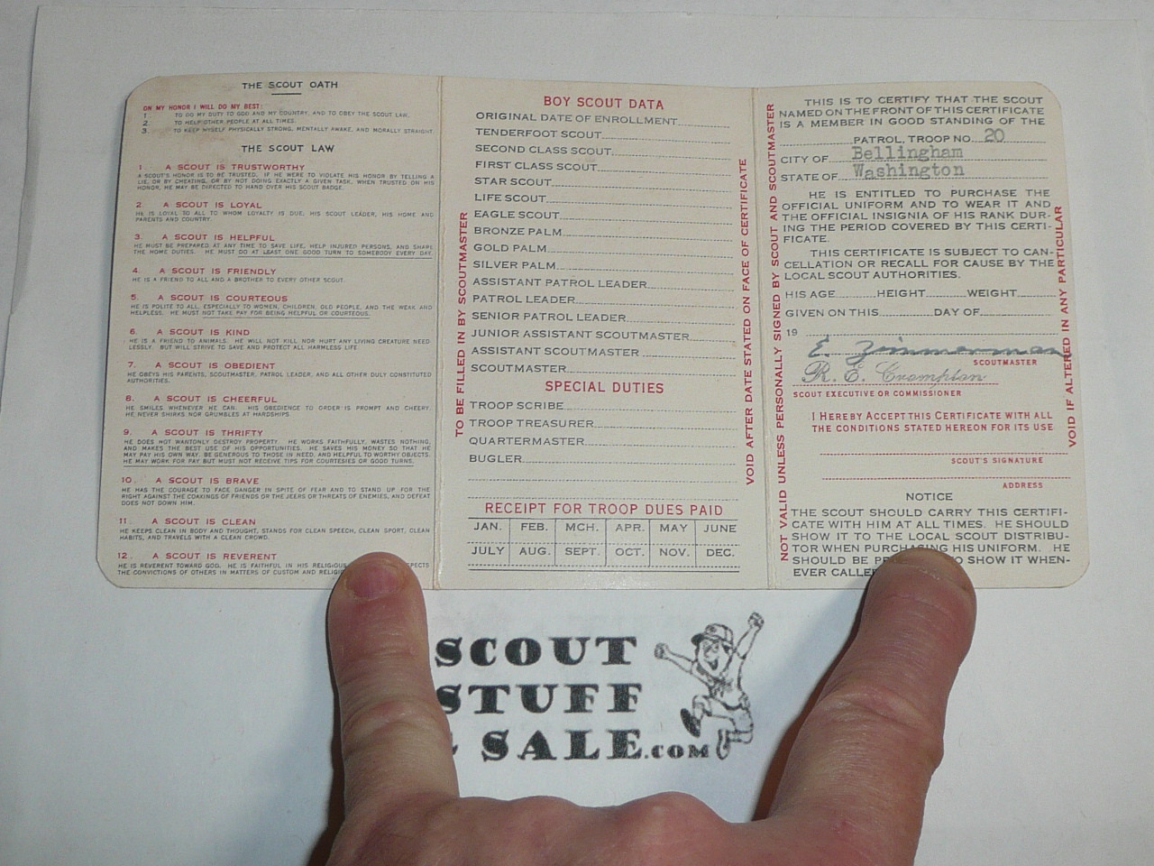 1941 Boy Scout Membership Card, 3-fold, 7 signatures, with envelope, expires February 1941, BSMC39
