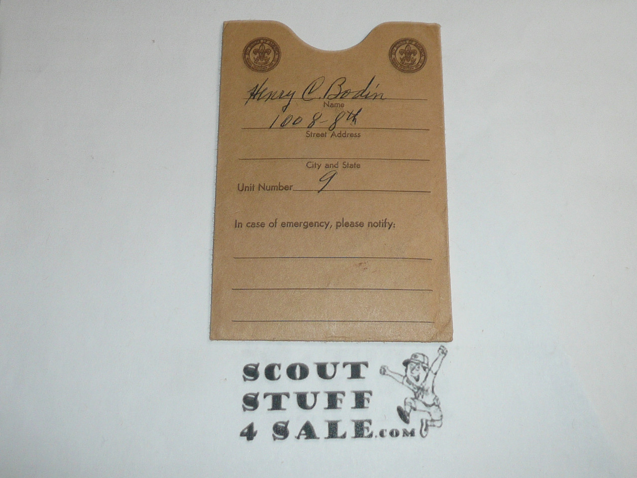 1944 Boy Scout Membership Card, 3-fold, 5 signatures, with envelope, expires April 1944, BSMC42