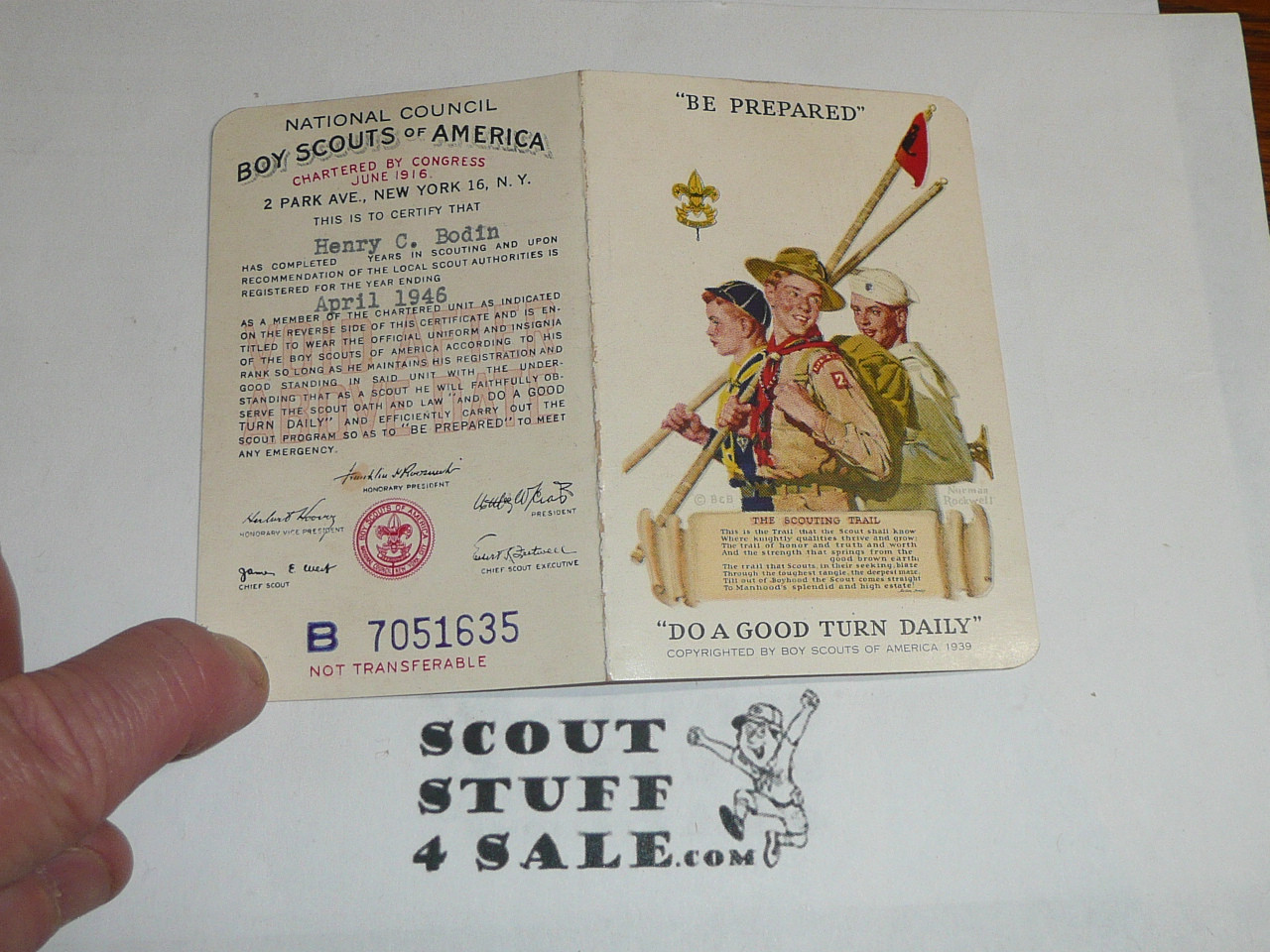 1946 Boy Scout Membership Card, 2-fold, 5 signatures, expires April 1946, BSMC47