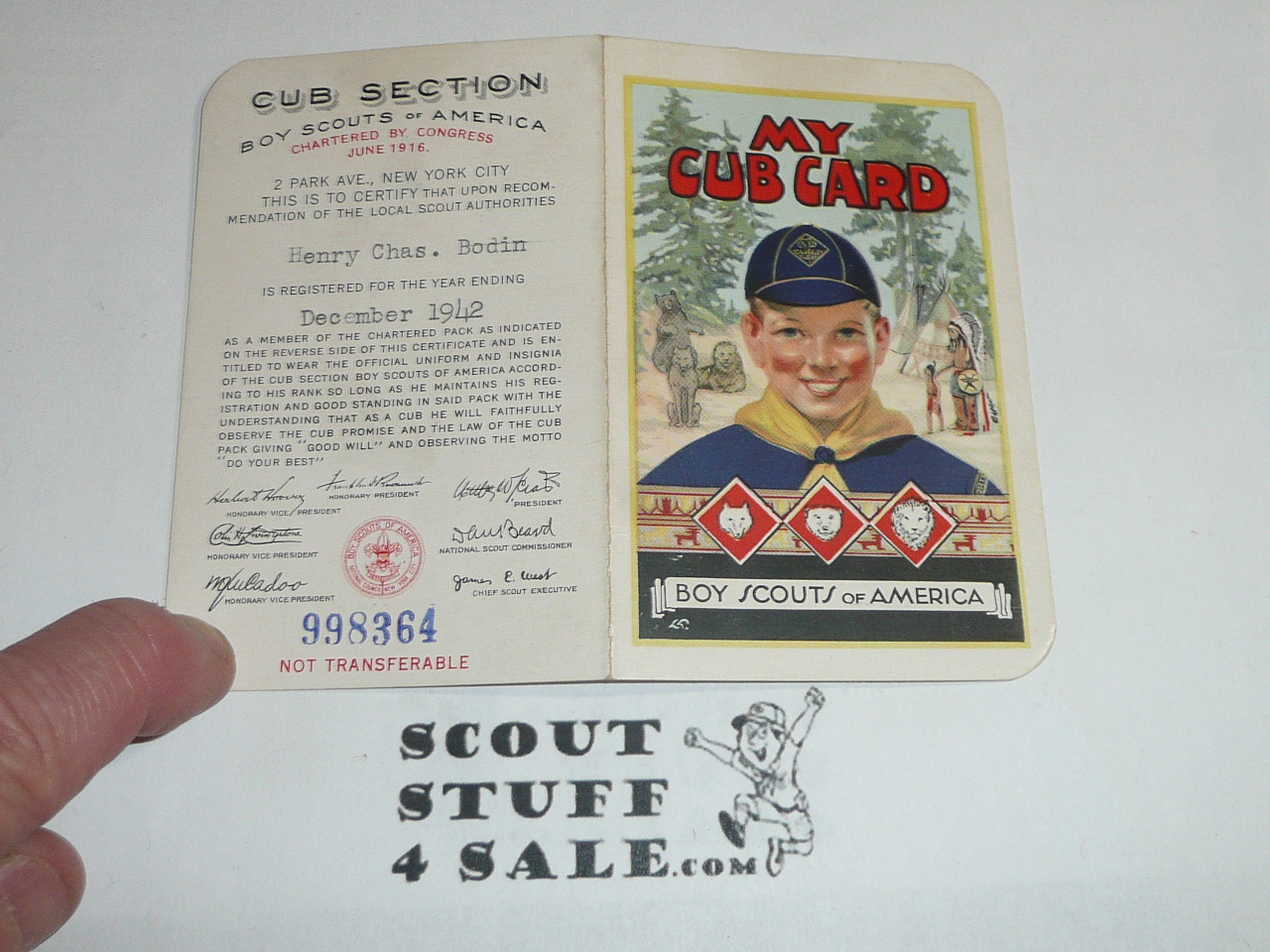 1942 Cub Scout Membership Card, 2-fold, 7 signatures, with envelope, expires December 1942, BSMC54