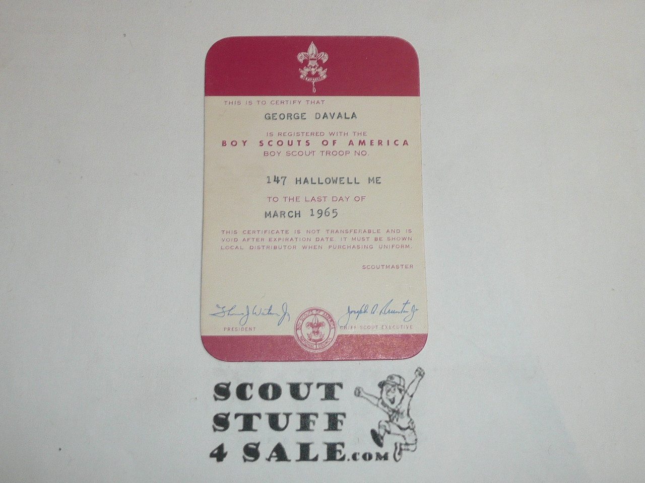 1965-1967 Boy Scout Membership Card, 2 signatures, buyer to receive a card expiring ranging from 1965-1967 of this style, BSMC74