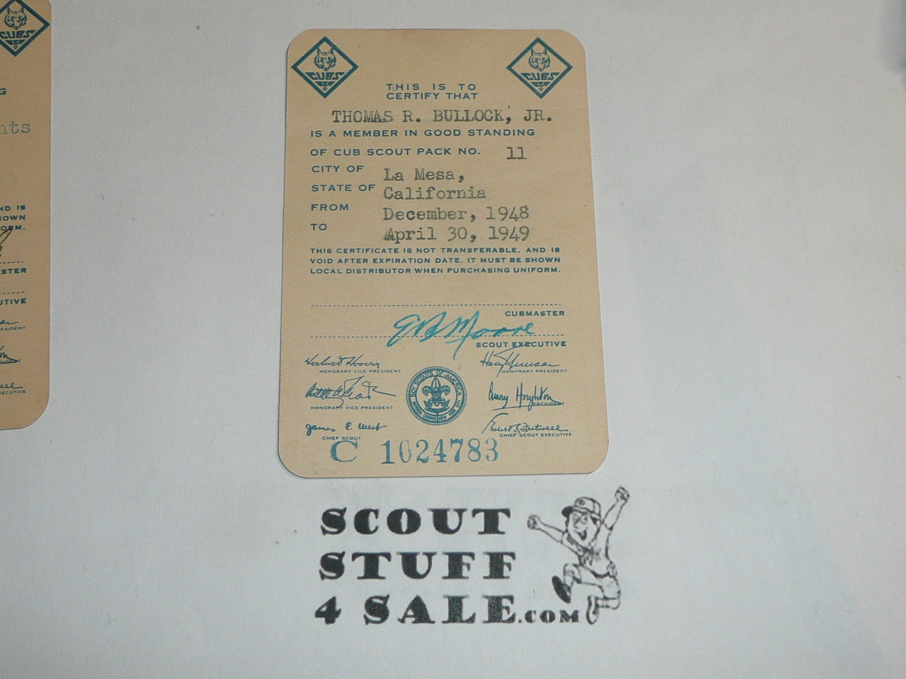 1948-1950 Cub Scout Membership Card, 6 signatures, buyer to receive a card expiring ranging from 1948-1950 of this style, BSMC79