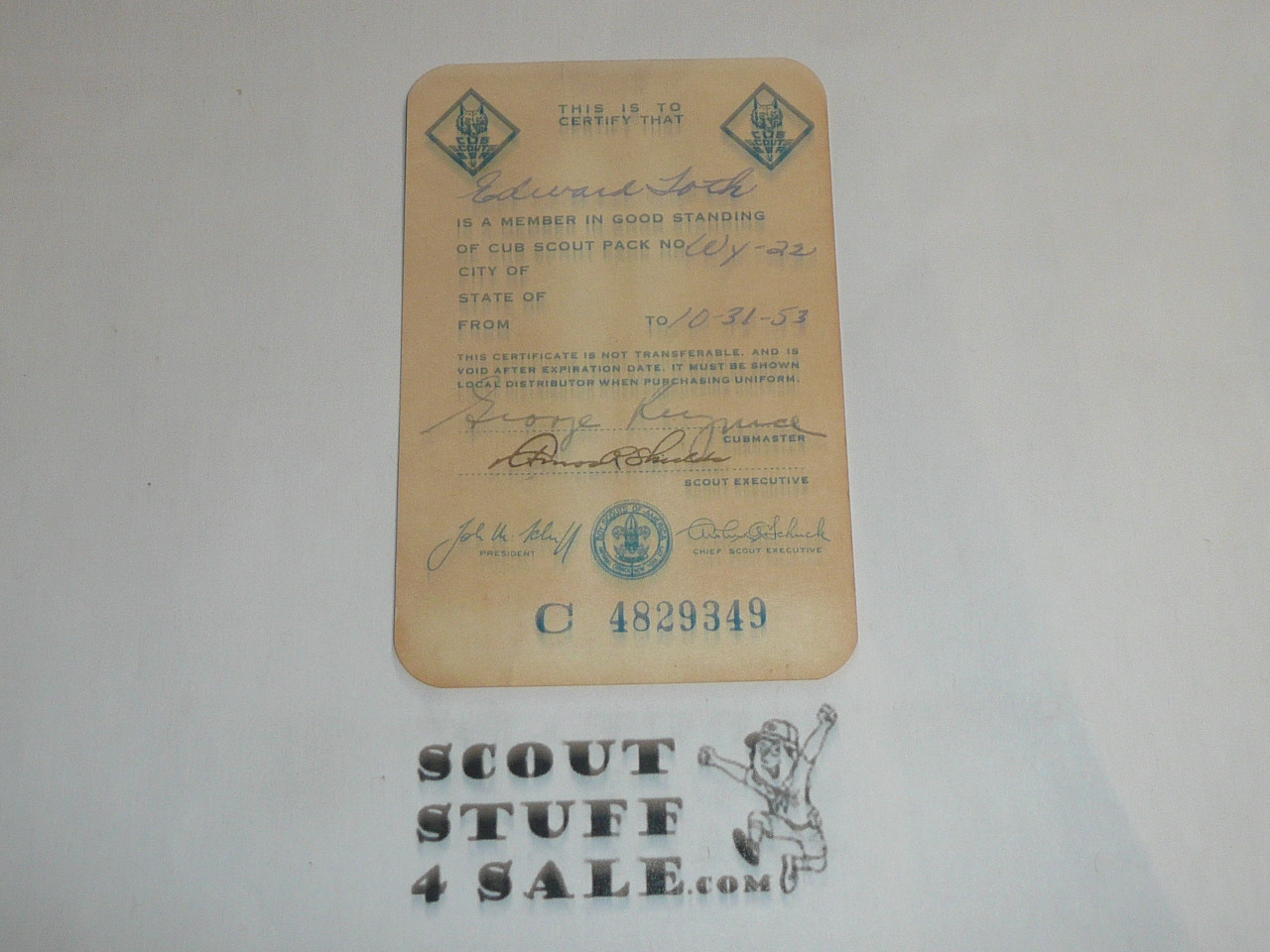 1953 Cub Scout Membership Card, 2 signatures, buyer to receive a card expiring ranging from 1953 of this style, BSMC82