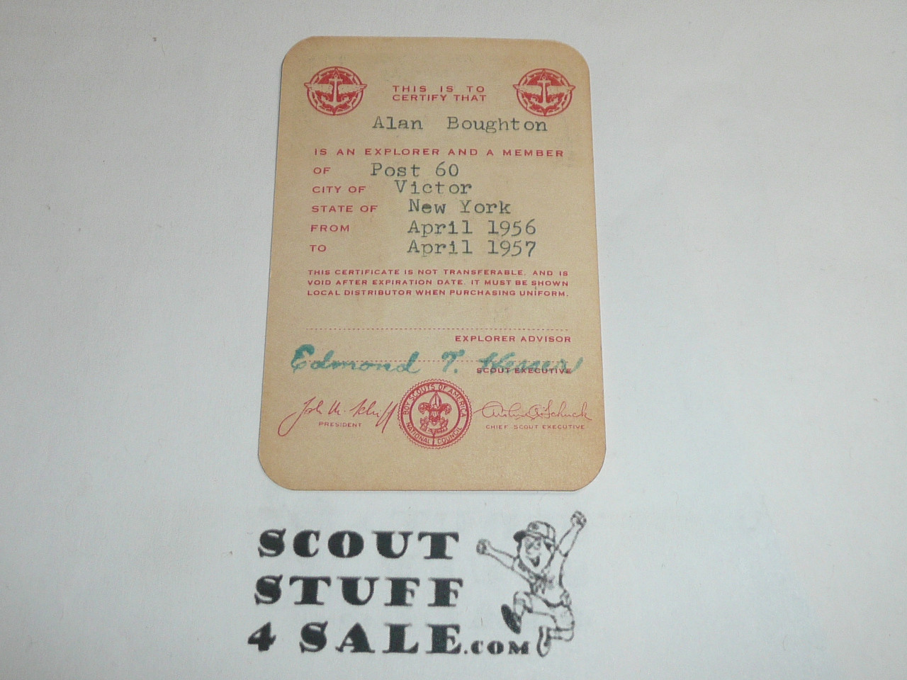 1956-1957 Explorer Scout Membership Card, 2 signatures, buyer to receive a card expiring ranging from 1956-1957 of this style, BSMC91