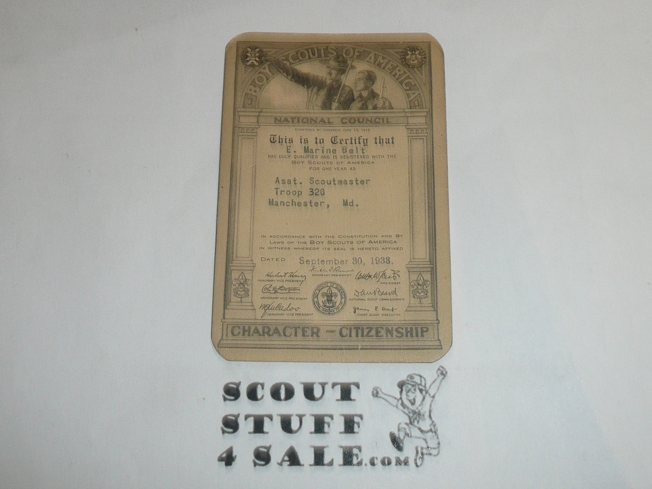 1938-1939 Boy Scout Leader Membership Card, 7 signatures, buyer to receive a card expiring ranging from 1938-1939 of this style, BSMC102