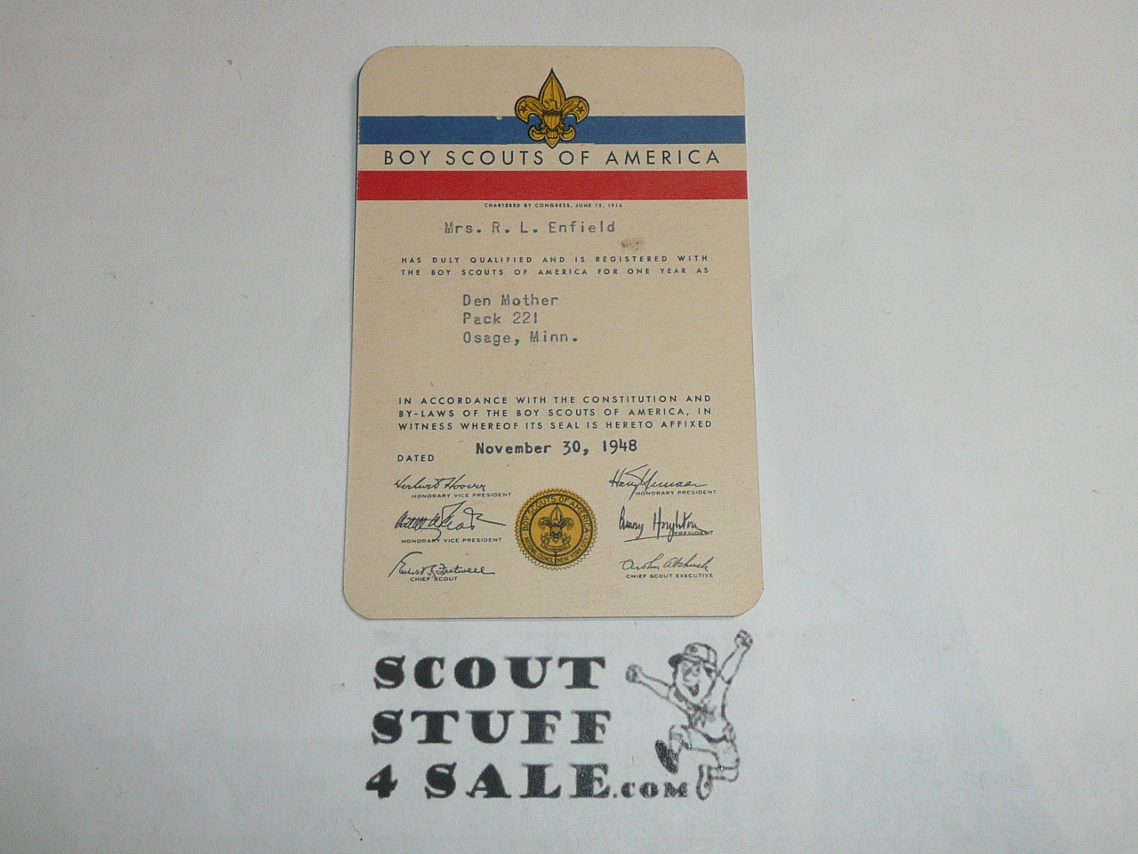 1948 Boy Scout Leader Membership Card, 6 signatures, buyer to receive a card expiring ranging from 1948 of this style, BSMC106