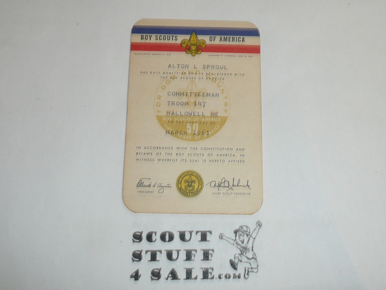 1961 Boy Scout Leader Membership Card, 2 signatures, 50th Anniversary, buyer to receive a card expiring ranging from 1961 of this style, BSMC112