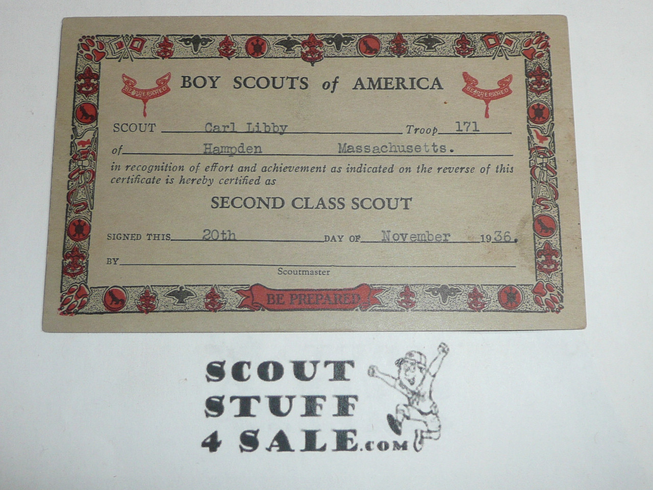 1934 Second Class Scout Rank Achievement Card, Boy Scout