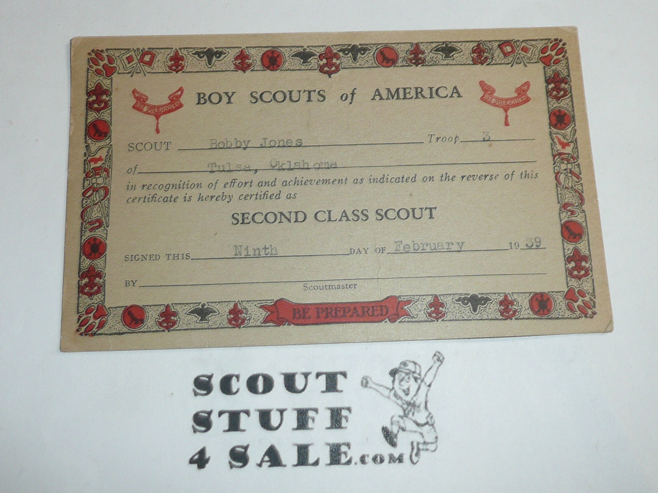 1939 Second Class Scout Rank Achievement Card, Boy Scout