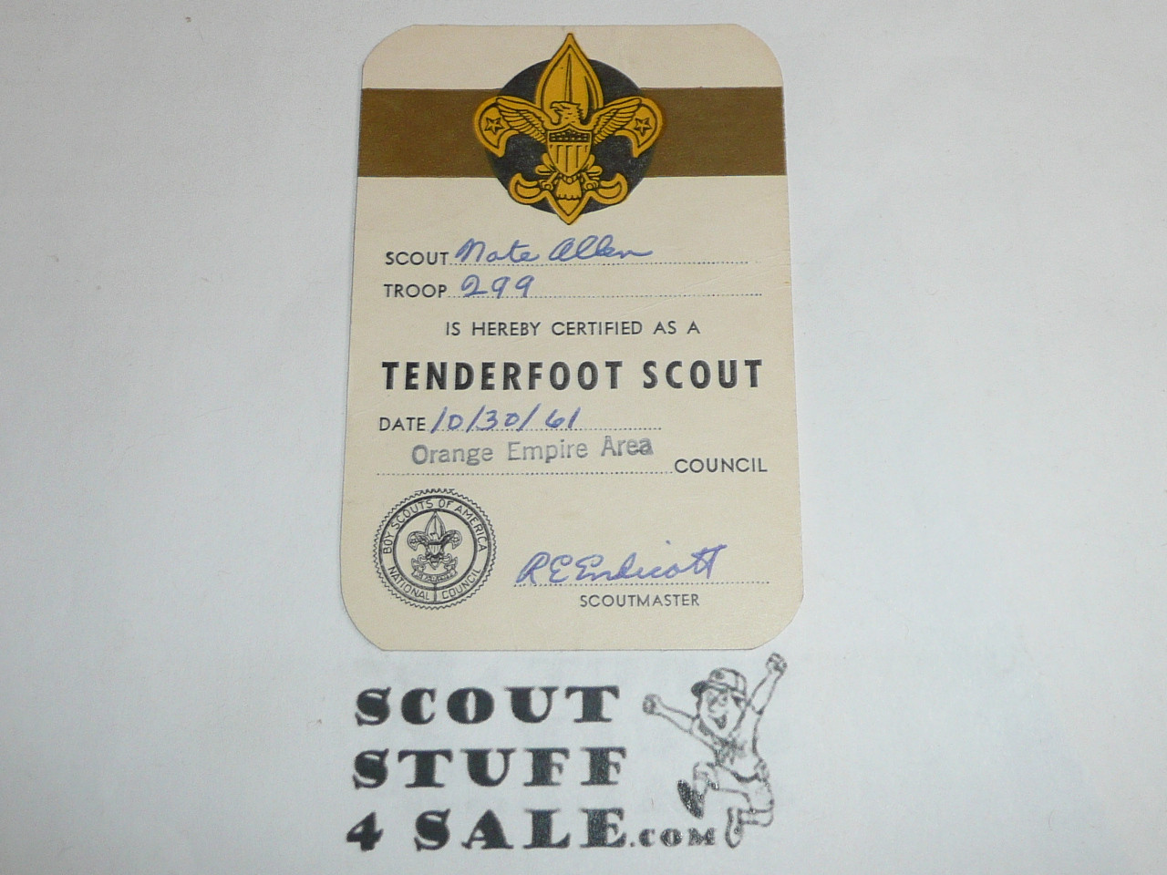 1961 Tenderfoot Scout Rank Achievement Card, Boy Scout, used