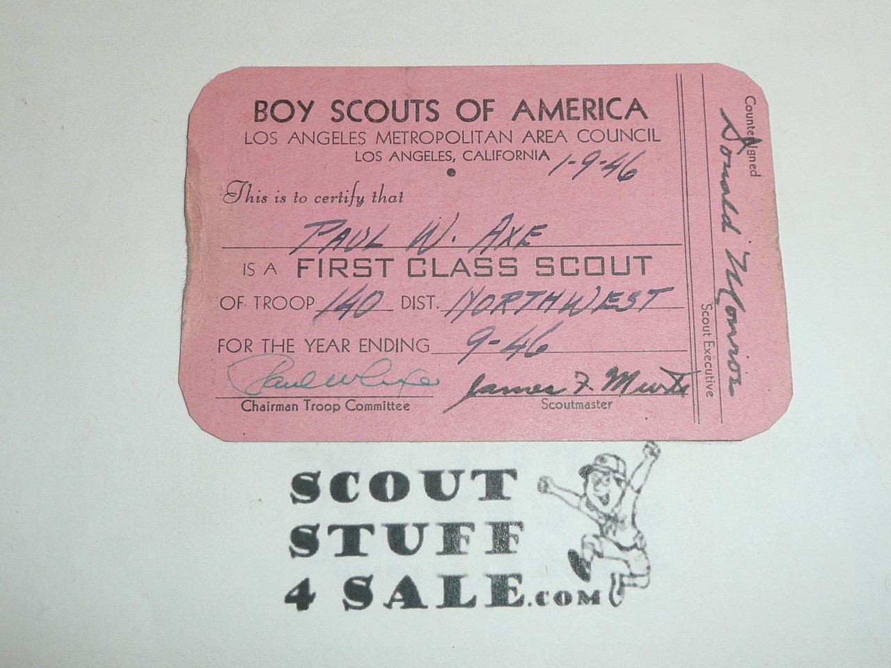 1946 First Class Scout Rank Achievement Card, Los Angeles Area Council, Boy Scout