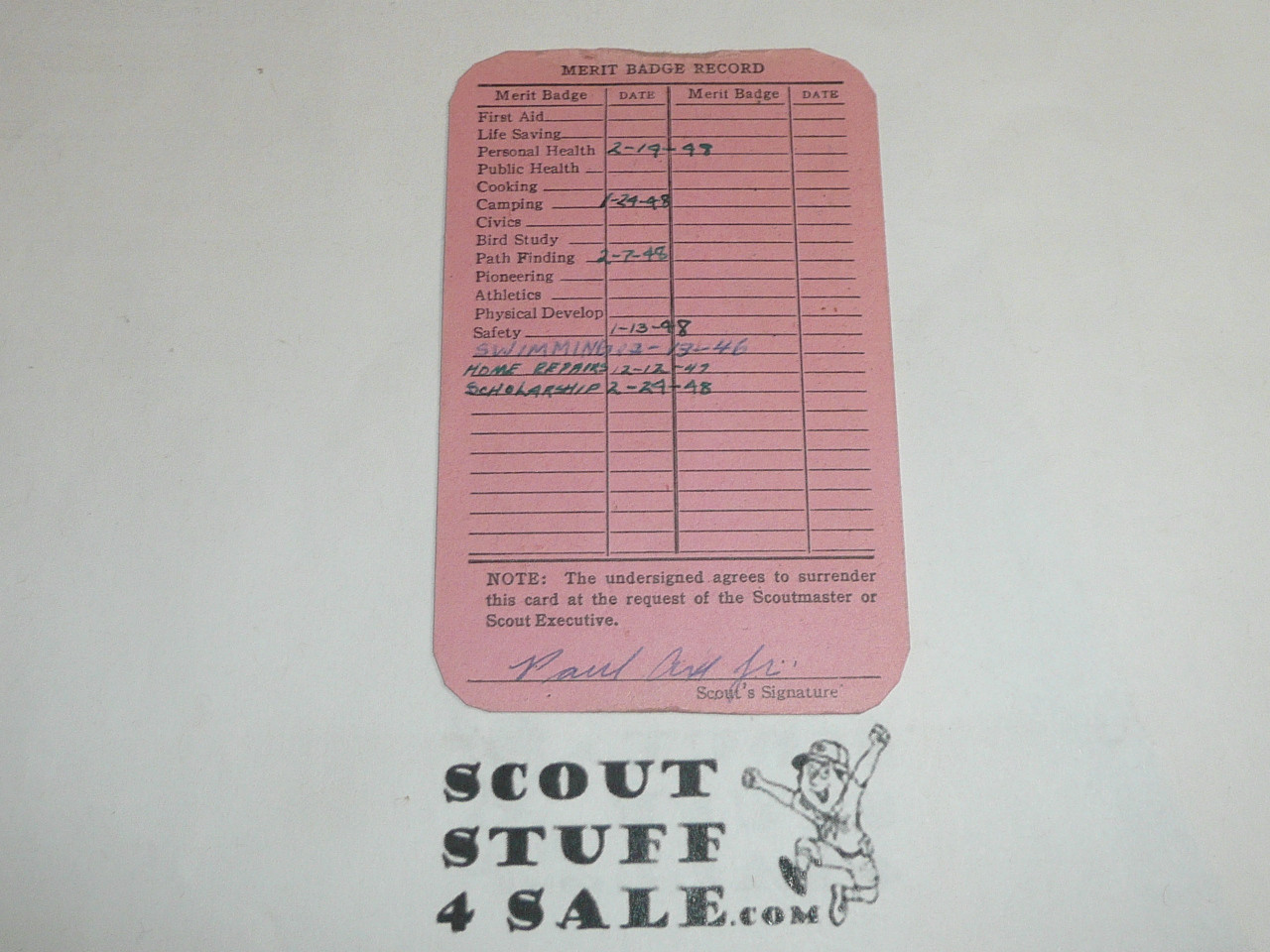 1946 First Class Scout Rank Achievement Card, Los Angeles Area Council, Boy Scout