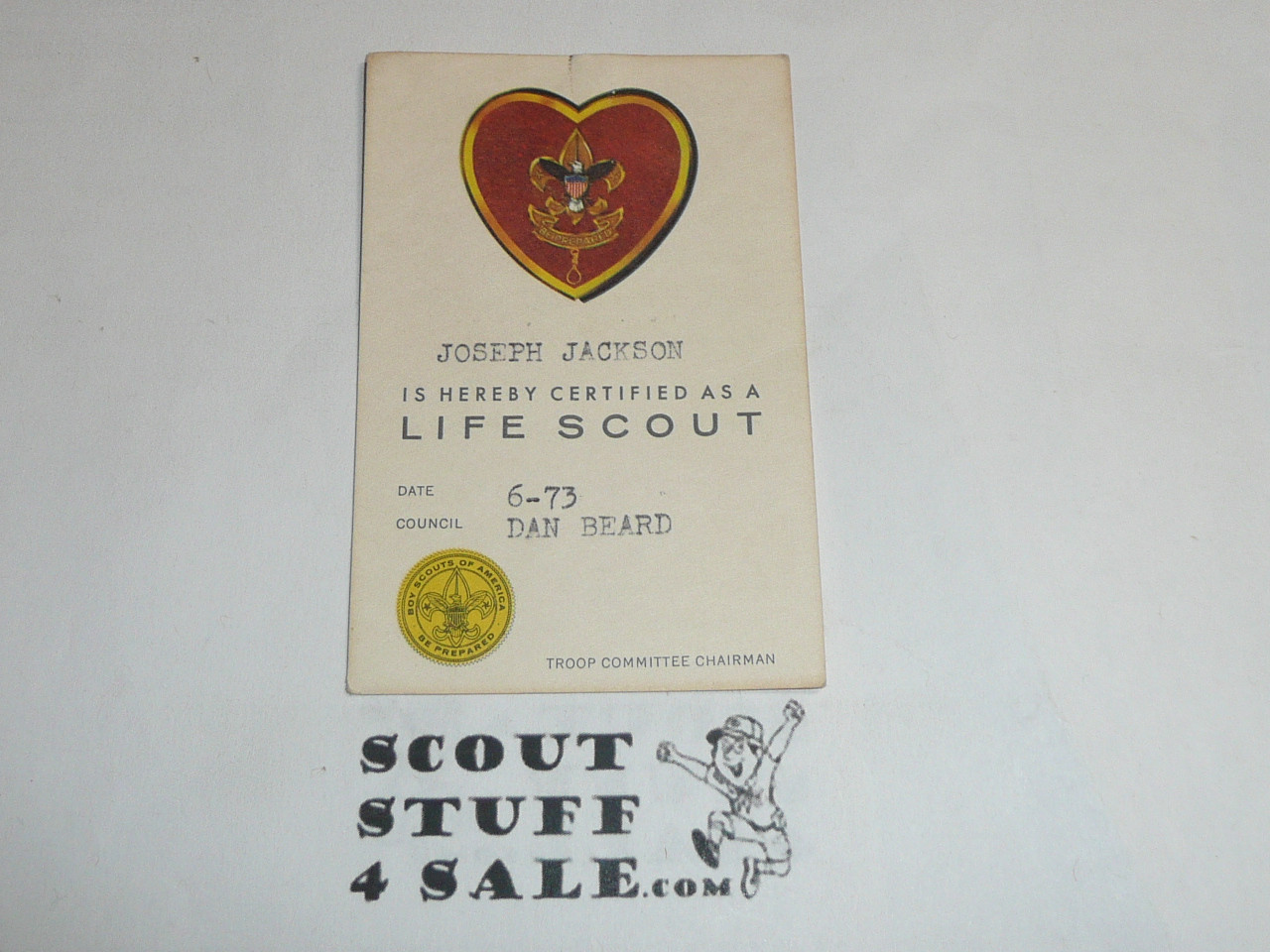 1973 Life Scout Rank Achievement Card, Boy Scout