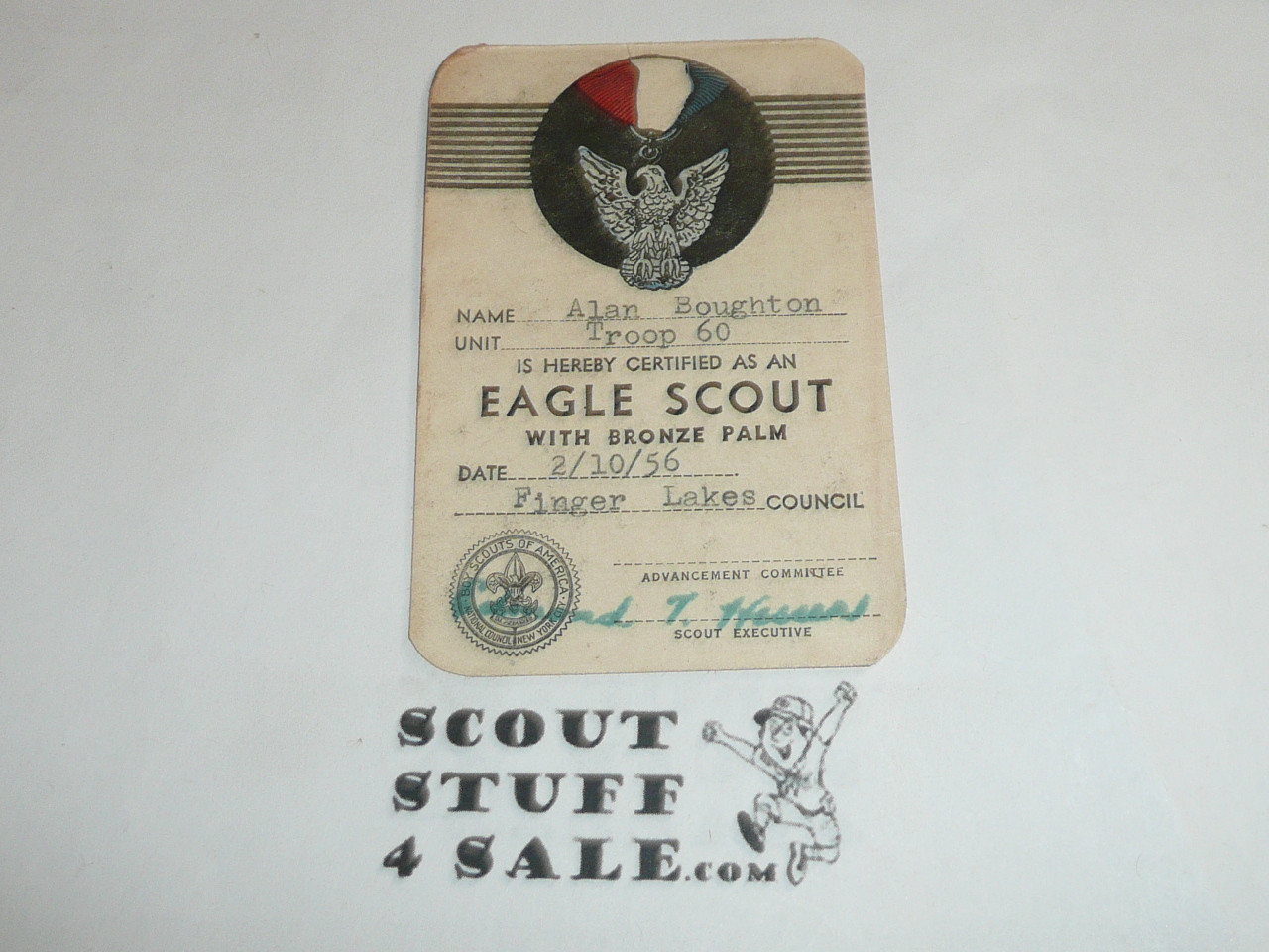 1956 Eagle Scout with Bronze Palm Rank Achievement Card, Boy Scout