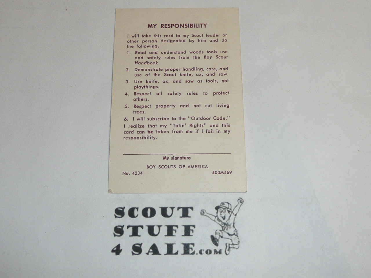 Totin' Chip Card for Boy Scout Knife Training, blank, 4-69 printing