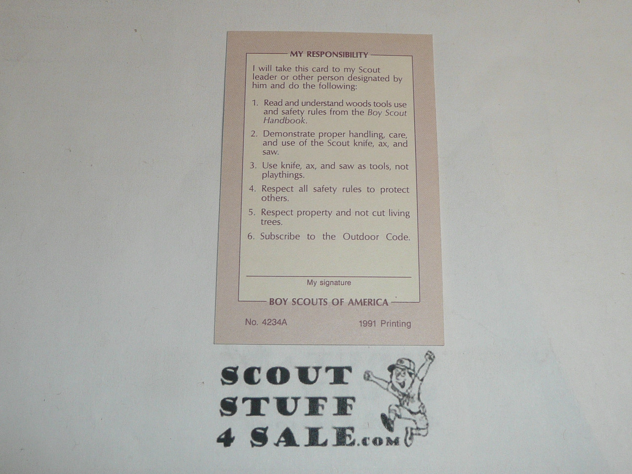 Totin' Chip Card for Boy Scout Knife Training, blank, 1991 printing