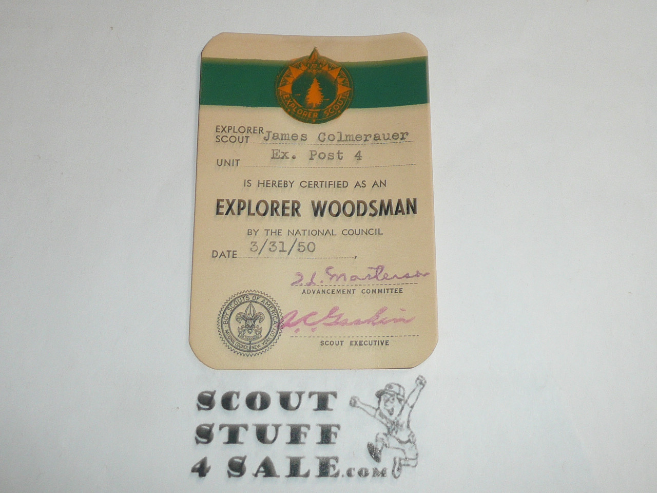 1950 Explorer Woodsman Achievement Card, Boy Scout