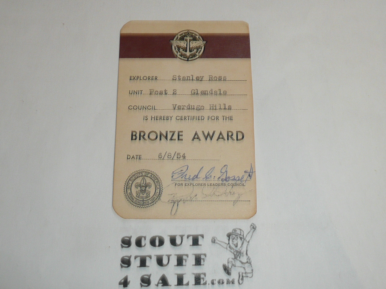 1954 Explorer Bronze Award Achievement Card, Boy Scout