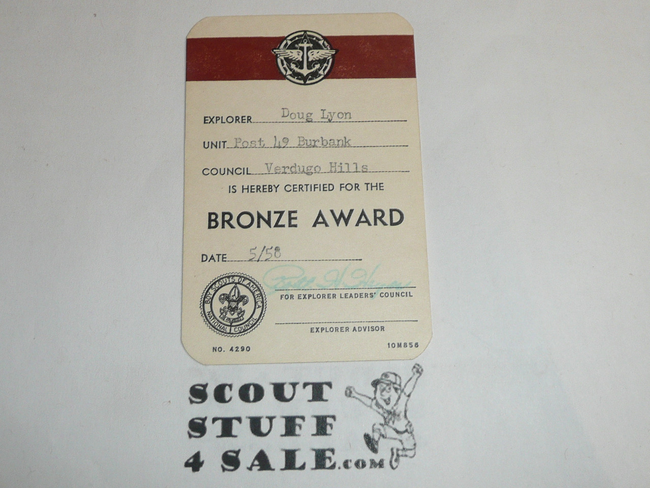 1958 Explorer Bronze Award Achievement Card, Boy Scout