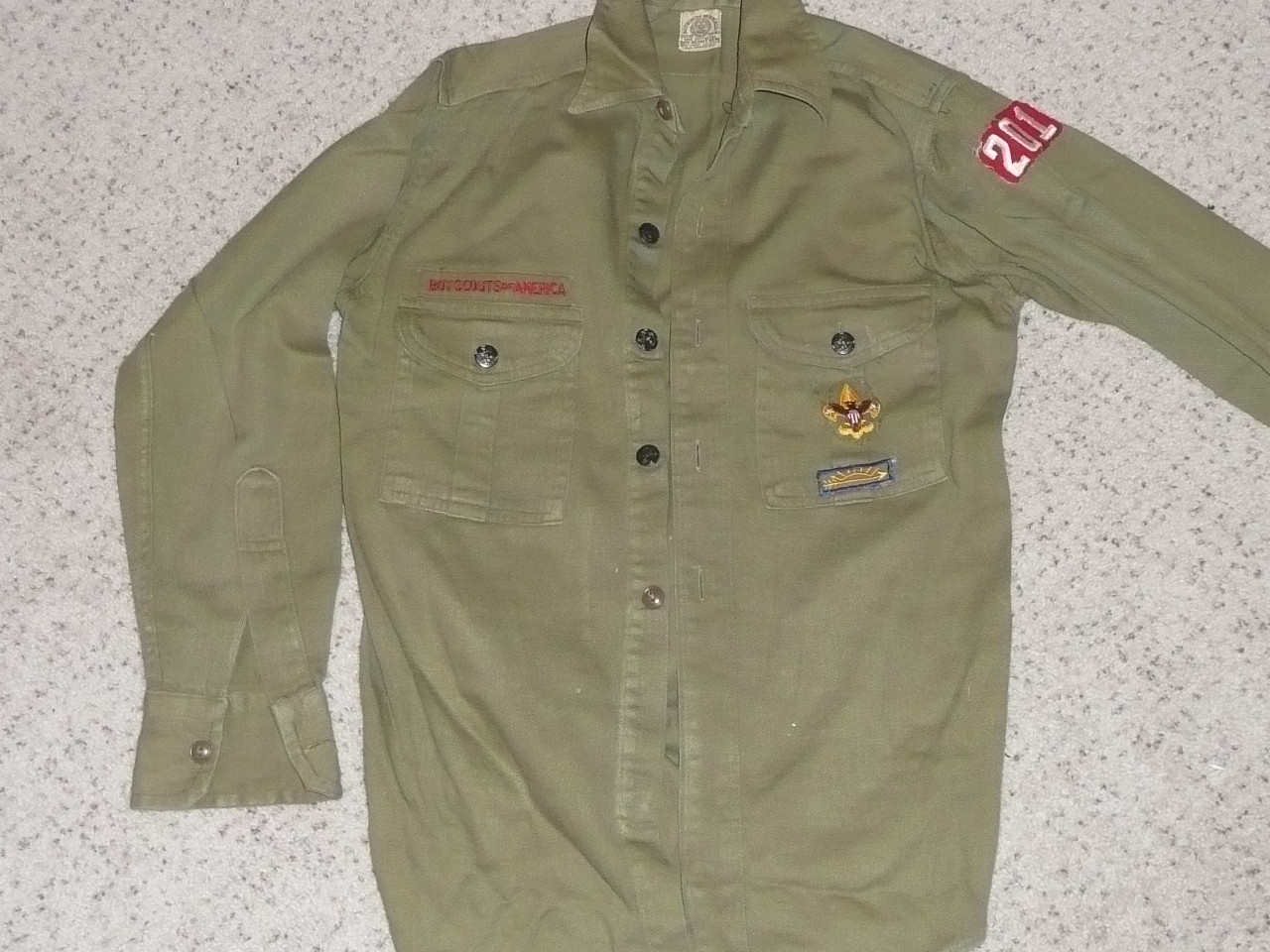 1950's Boy Scout Uniform Shirt with metal buttons and some insignia, 18.5" Chest and 25" Length, #BD14
