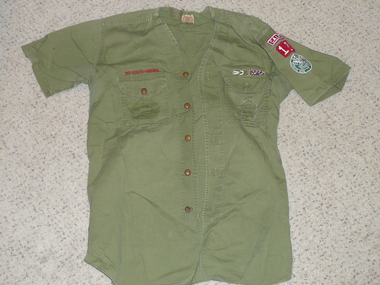 1940's Boy Scout Uniform Shirt with bakelite buttons and insignia, 21" Chest and 29" Length, #BD41