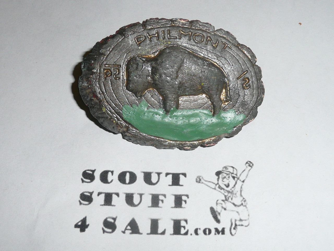Philmont Scout Ranch EARLY Plaster Neckerchief Slide, Buffalo Side View