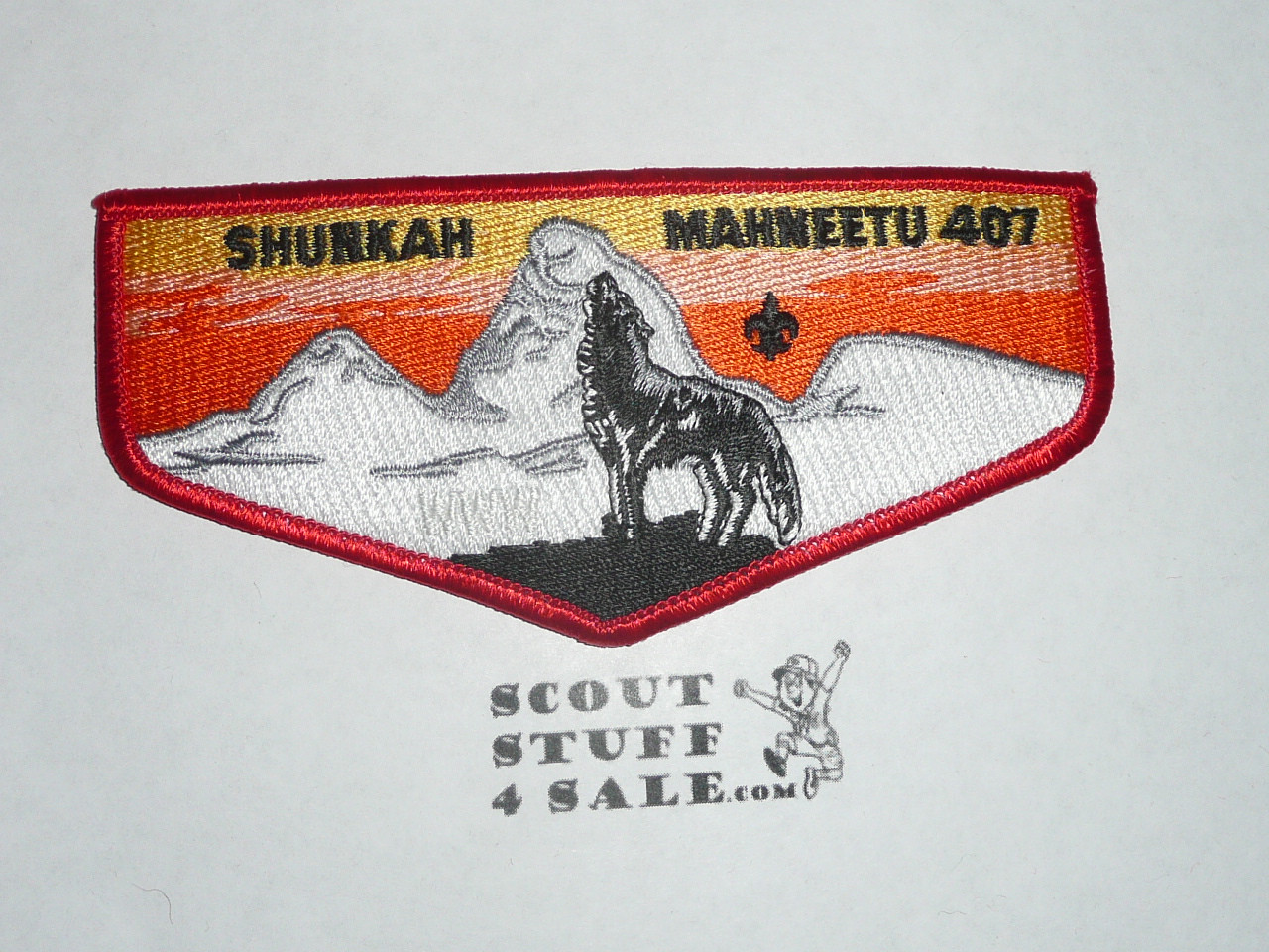 Order of the Arrow Lodge #407 Shunkah Mahneetu solid Flap Patch, red bdr - Boy Scout