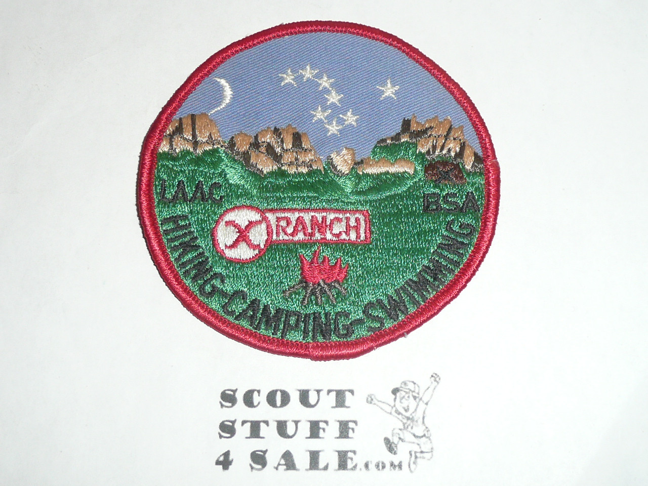 Circle X Scout Ranch 4" Patch, Brown thread in building marked with an X, LAAC