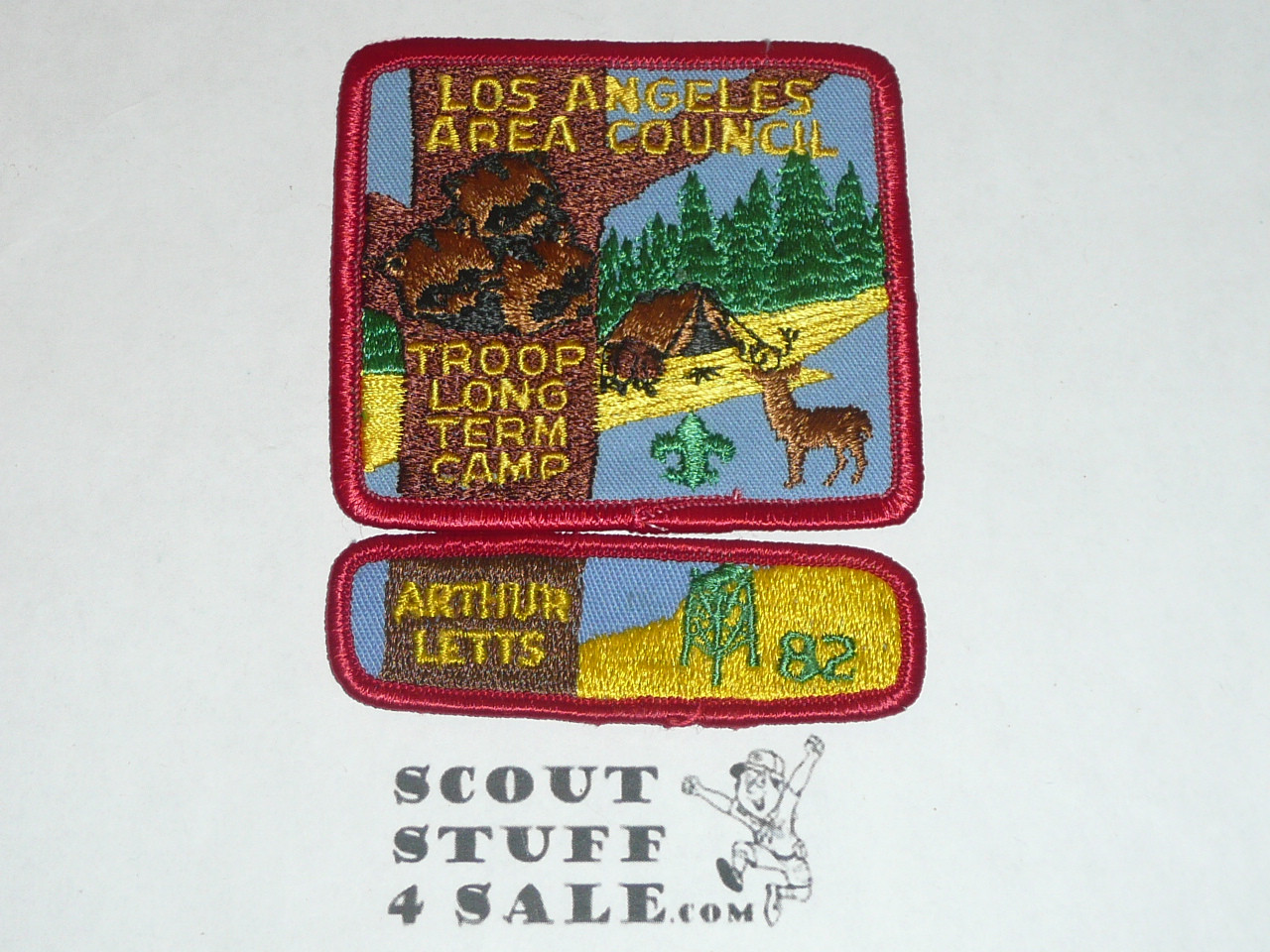 Long Term Camp Patch with Arthur Letts 82 segment, Los Angeles Area Council, 1982