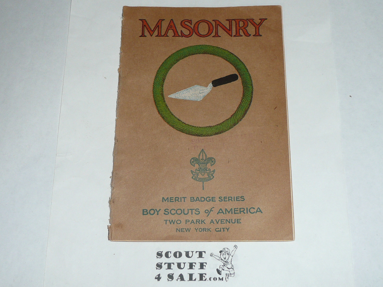 Masonry Merit Badge Pamphlet, Type 3, Tan Cover, 3-39 Printing, some spine wear