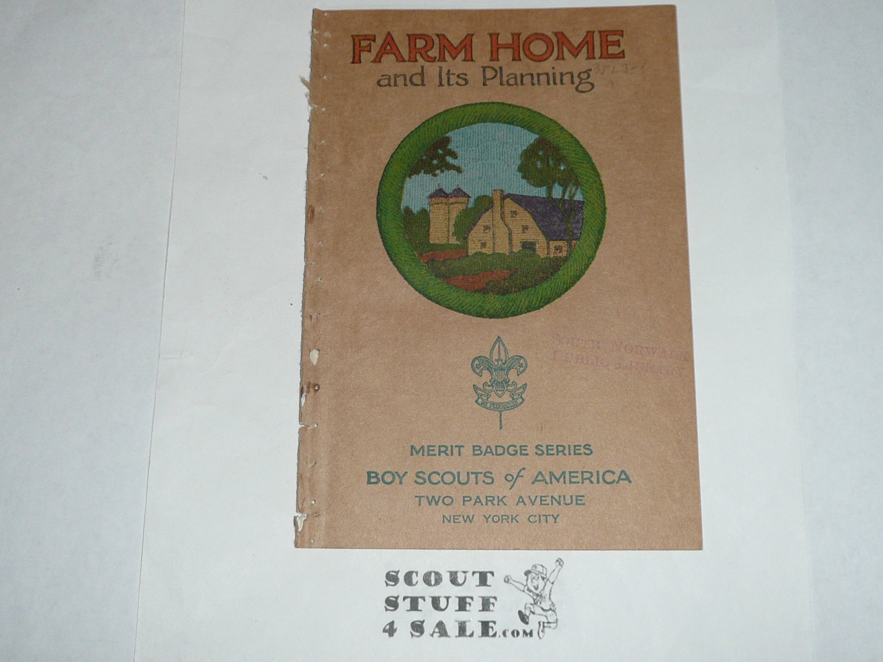 Farm Home & its Planning Merit Badge Pamphlet, Type 3, Tan Cover, 11-40 Printing, some spine wear from library binding but book is solid