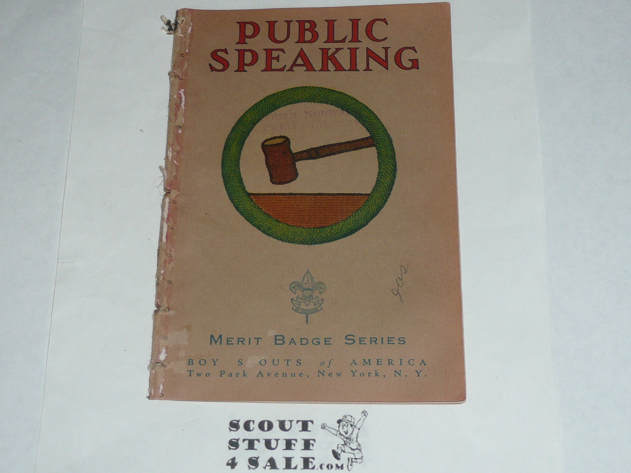 Public Speaking Merit Badge Pamphlet, Type 3, Tan Cover, 4-39 Printing, some spine wear from library binding but book is solid