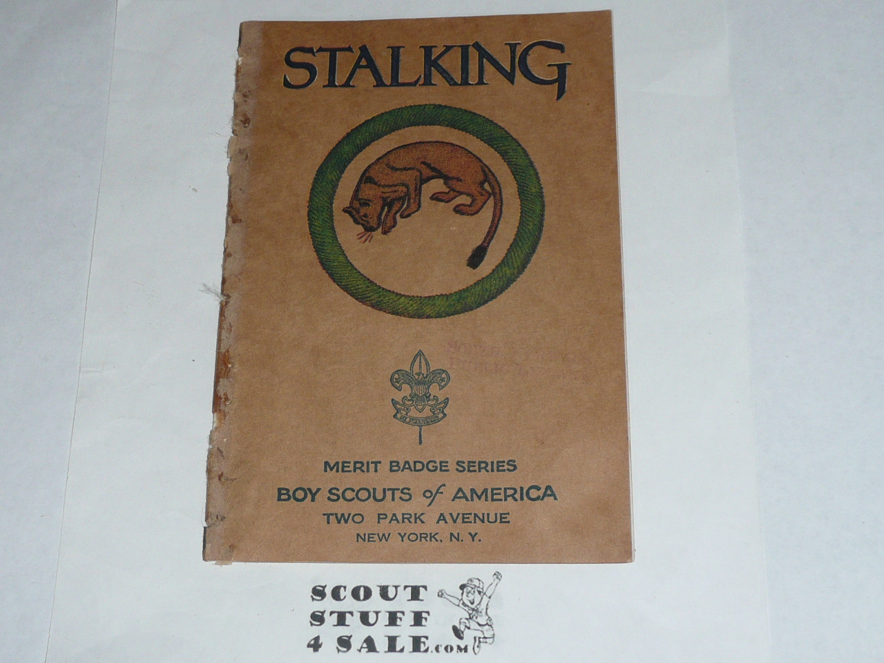Stalking Merit Badge Pamphlet, Type 3, Tan Cover, 2-40 Printing, some spine wear from library binding but book is solid