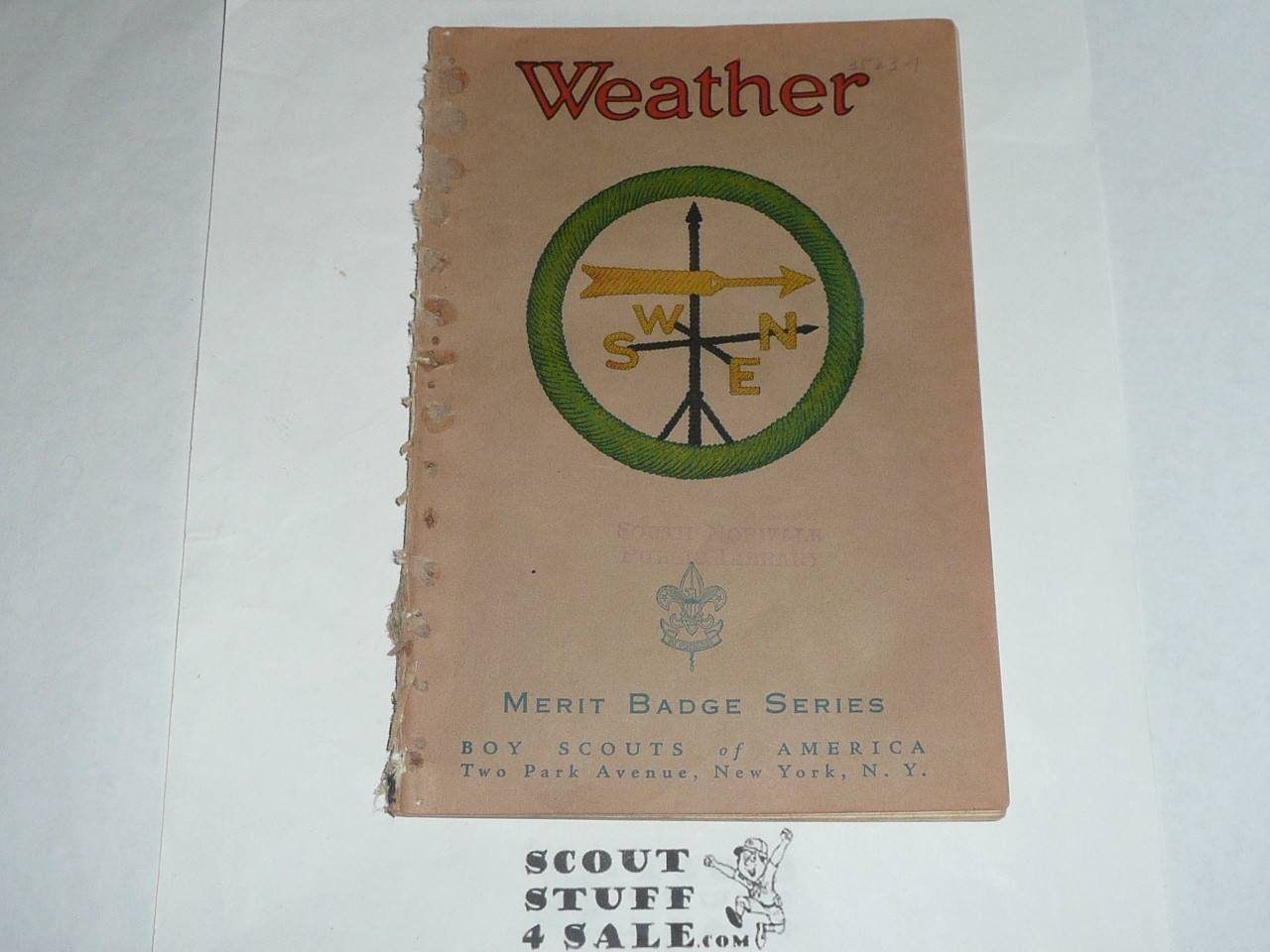 Weather Merit Badge Pamphlet, Type 3, Tan Cover, 2-40 Printing, some spine wear from library binding but book is solid