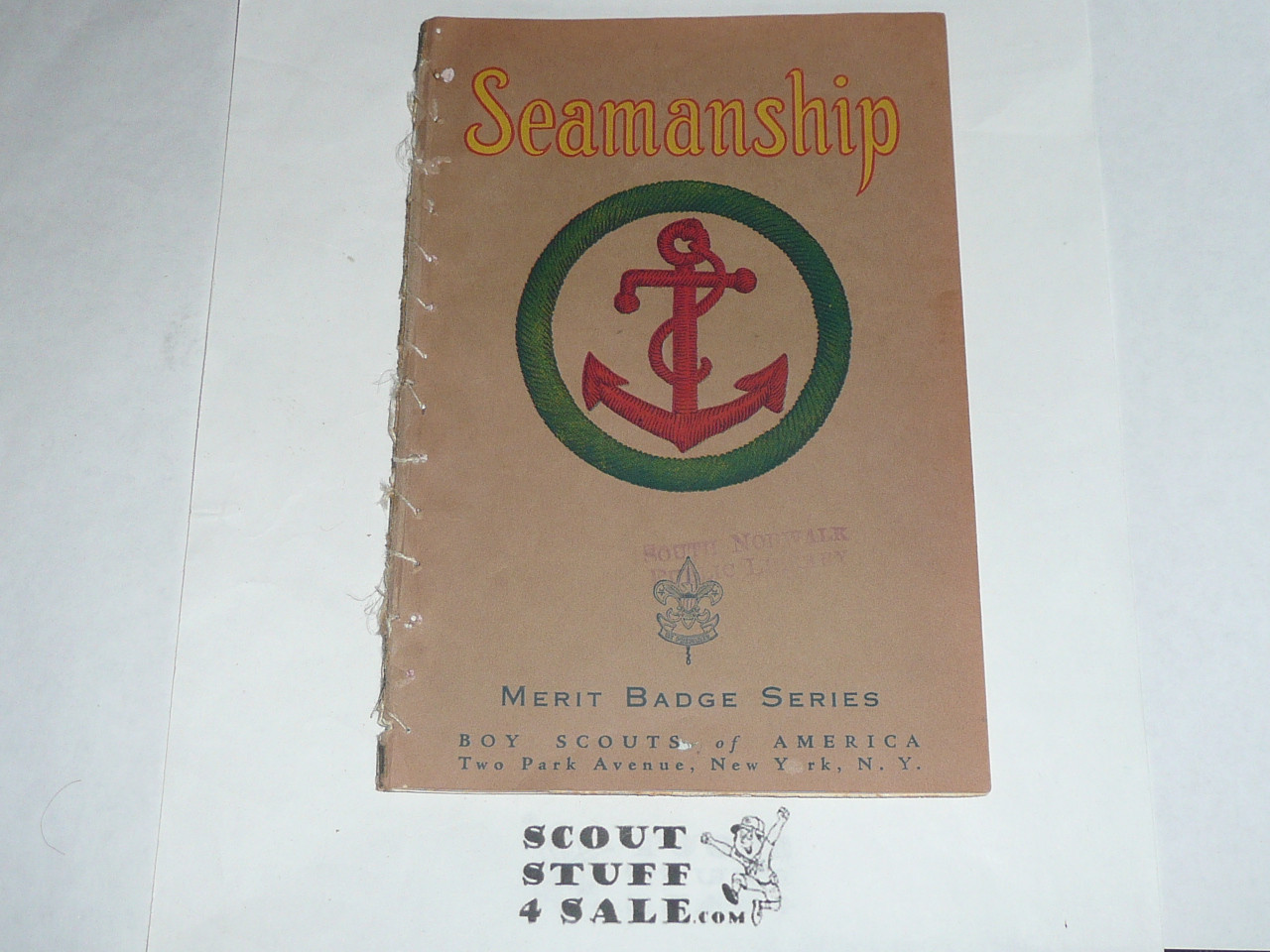 Seamanship Merit Badge Pamphlet, Type 3, Tan Cover, 5-40 Printing, some spine wear from library binding but book is solid