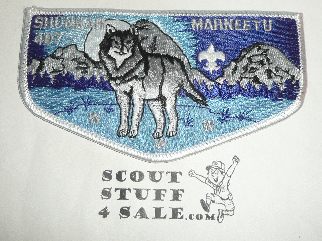 Order of the Arrow Lodge #407 Shunkah Mahneetu s6 Flap Patch, white bdr - Boy Scout