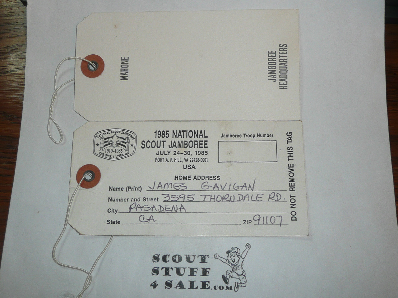 1985 National Jamboree Luggage Tag, Mahone Jamboree Headquarters