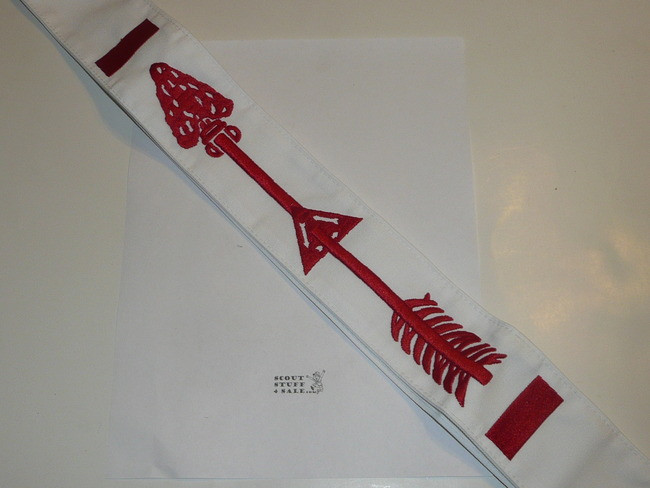 1970's Embroidered On Twill Vigil Order of the Arrow Sash, Single Row Stitched Edge, Mint Unused Condition, extra long 36"