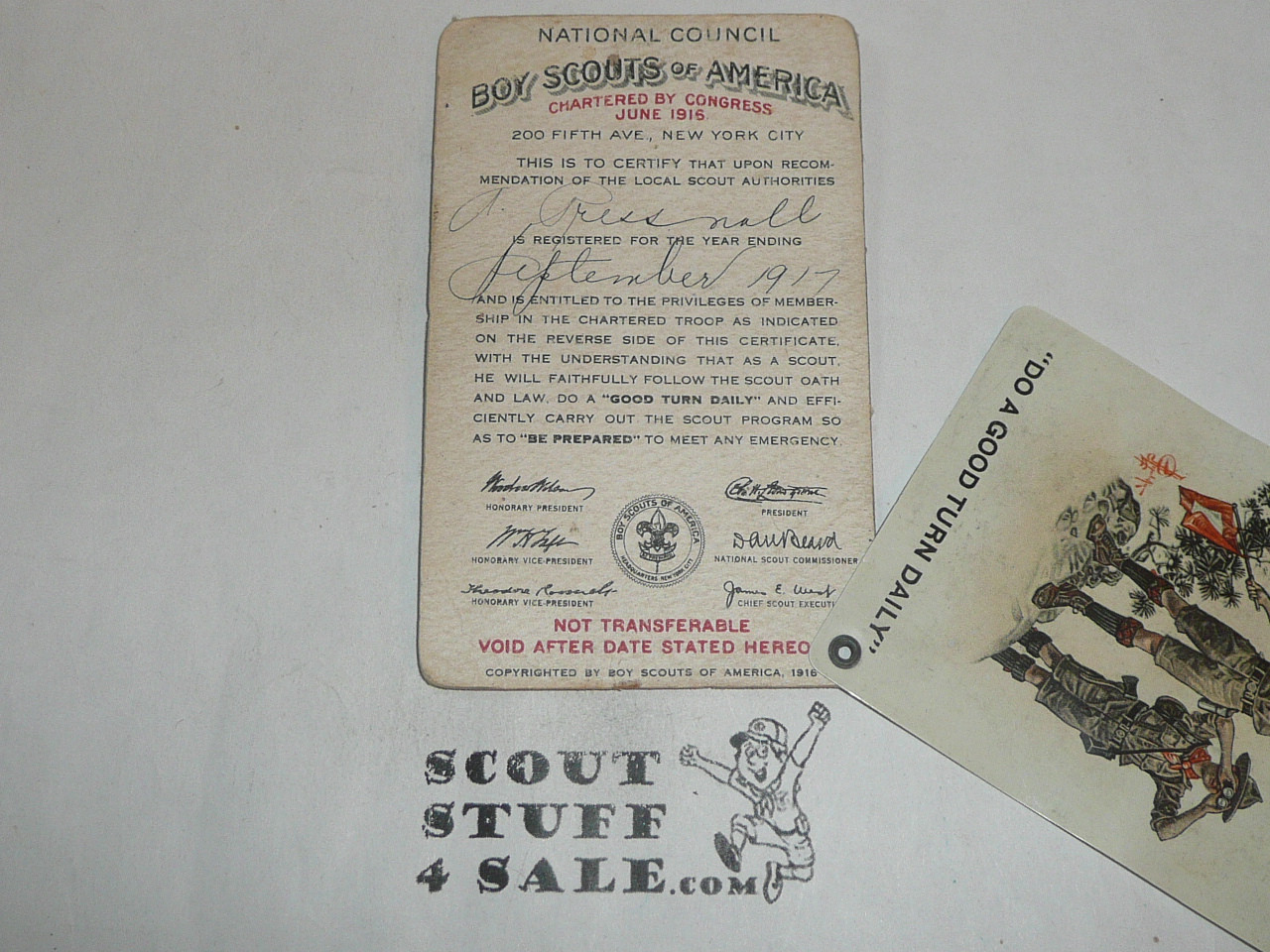 1917 Boy Scout Celluloid Membership Card, 6 signatures, expires September 1917