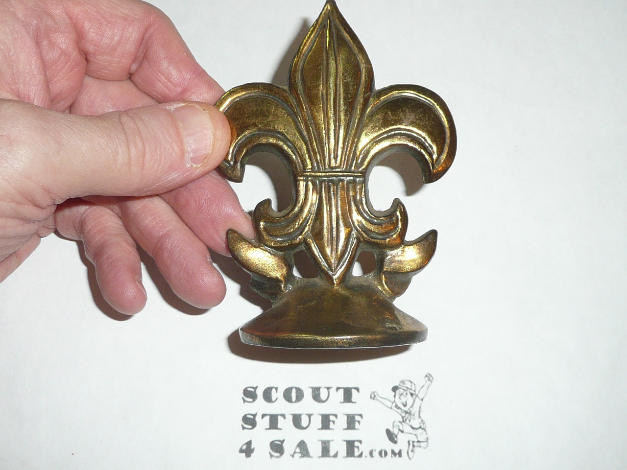 boy scout emblem metall paper weight, Brass, 1940s, 4 in. high by 2 5 in wide