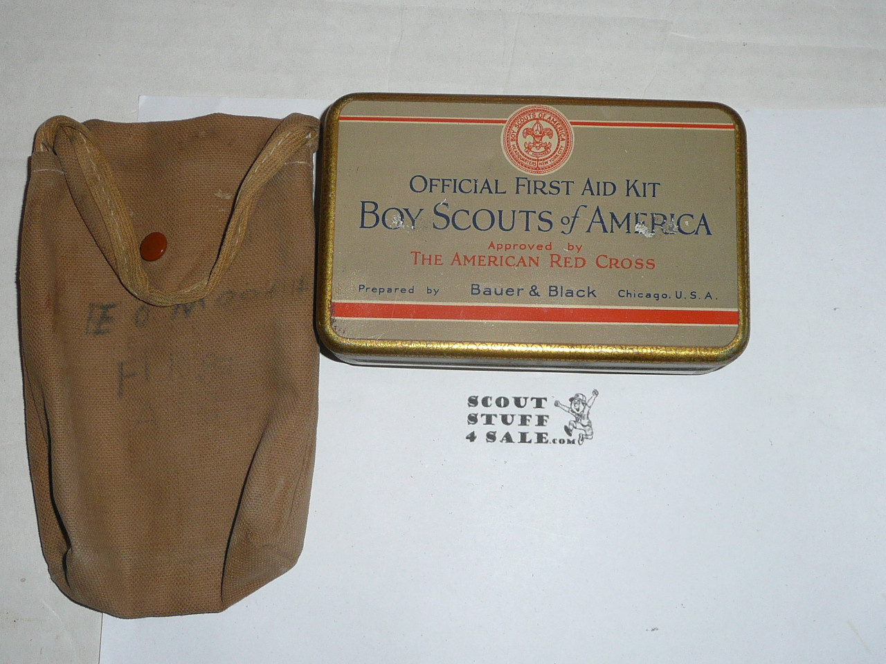 1920s boy scout first aid tin, rare variety, some contents, with carrying case #3