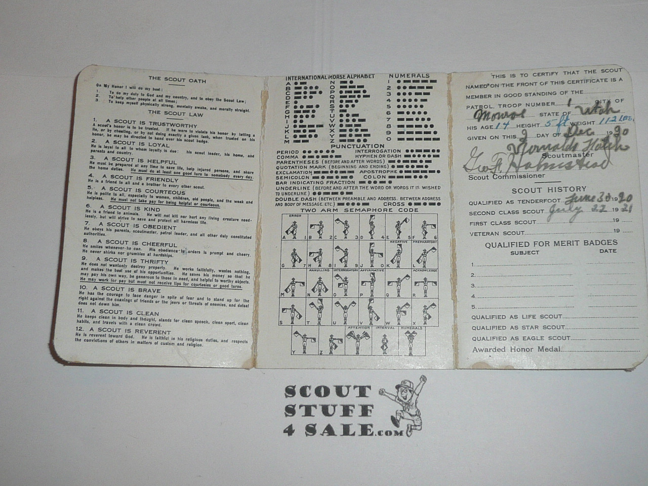 1921 Boy Scout Membership Card, 3-fold, with the Envelope, 5 signatures, expires October 1921, BSMC131