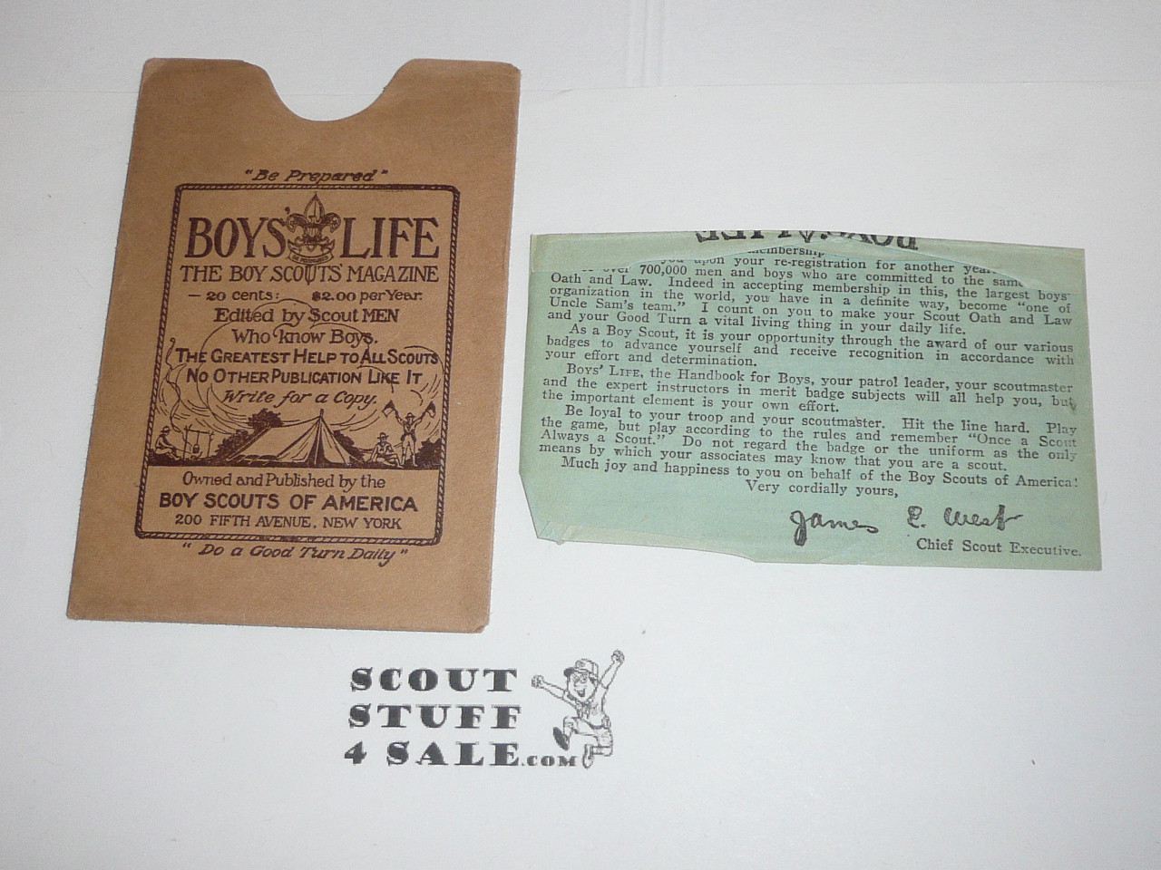 1926 Boy Scout Membership Card, 3-fold, with the Envelope, 7 signatures, RARE Storrow as President, with West Message Insert, expires December 1926, BSMC136