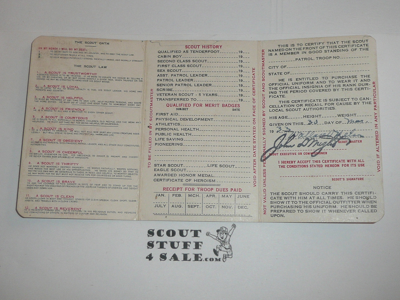 1934 Boy Scout Membership Card, 3-fold, with the Envelope, 7 signatures, expires February 1934, BSMC148