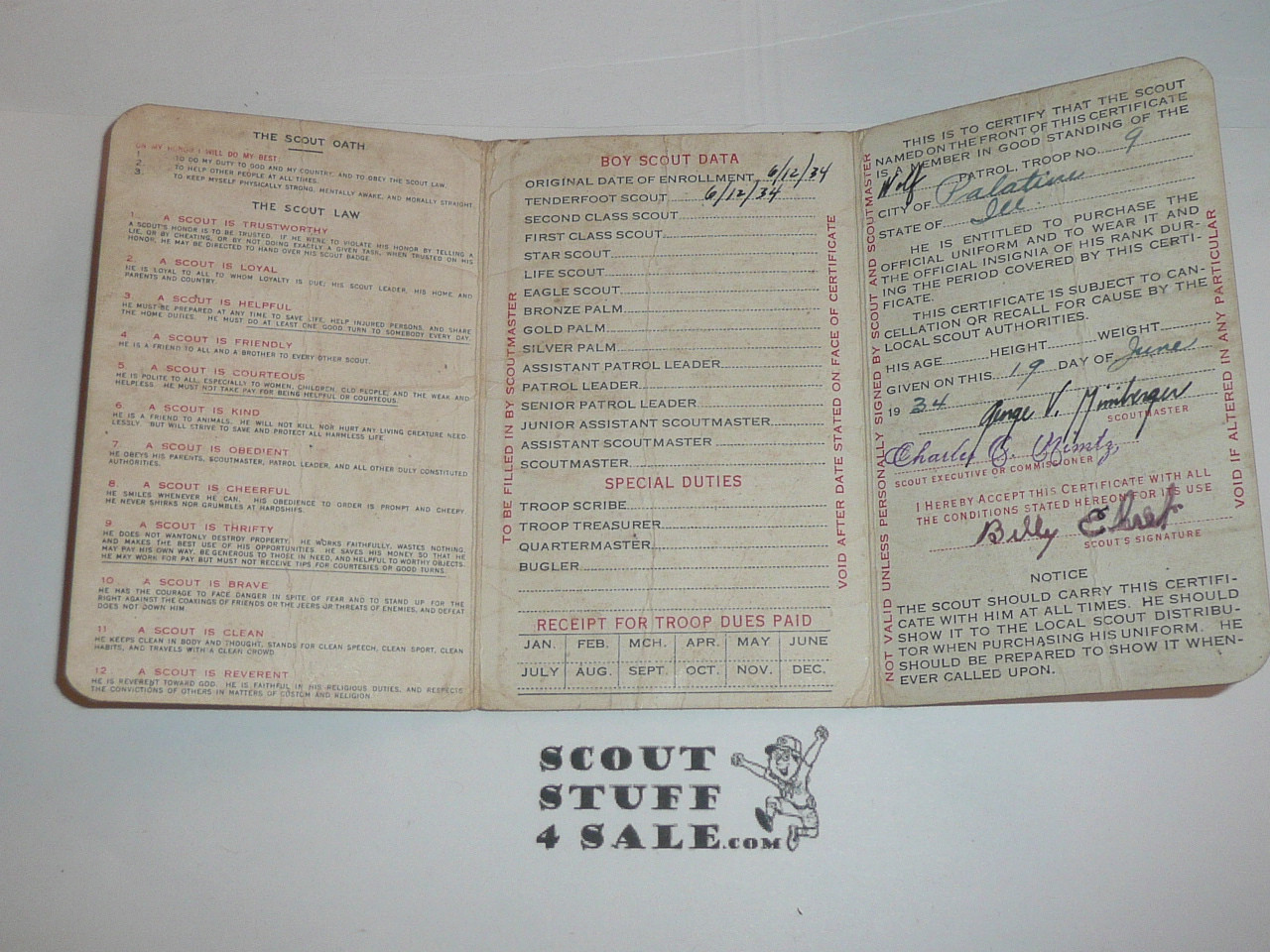 1934 Boy Scout Membership Card, 3-fold, with the Envelope, 7 signatures, expires December 1934, BSMC150